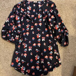 Pixley Dark Blue Blouse with Red and White Floral Design